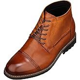 CALTO Men's Invisible Height Increasing Elevator Shoes - Brown Leather Lace-up Cap-toe Boots with Inner Faux Fur - 3.2 Inches Taller - Y41085 - Size 9 D(M) US