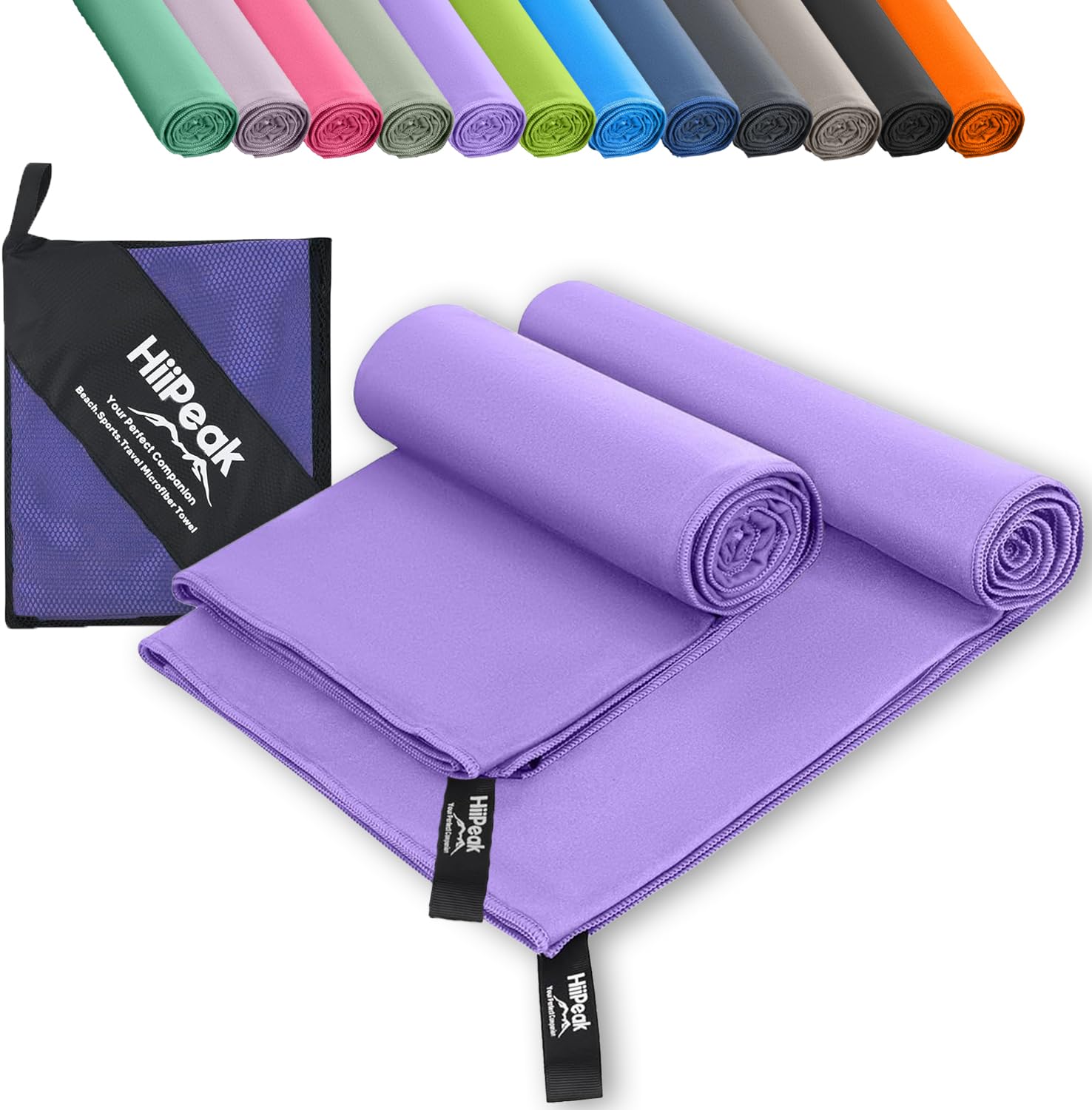 HiiPeak Microfibre Towel 2 pack（160x80cm+80x40cm） Compact Camping Beach Towel - Quick Dry Ultra Lightweight Absorbent Sports Gym Yoga Swimming Hiking Drying Towel for Men,Women (Violet-2pcs)