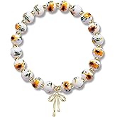 Beads Bow Stretch Bracelet for Women Vintage Flower Charm Bracelet Handmade Gold Beaded Dainty Romantic Jewelry Gift