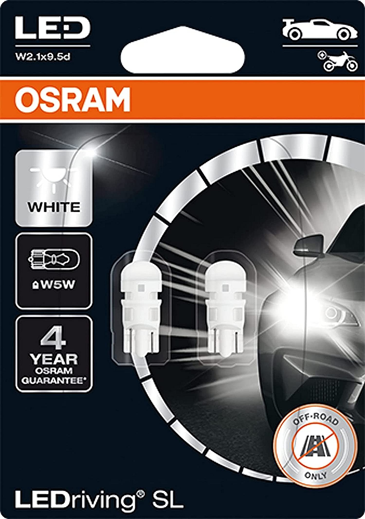 OSRAM LEDriving SL, W5W, 6000K, LED signal lamps, Off-road only, non ECE, Double Blister, White