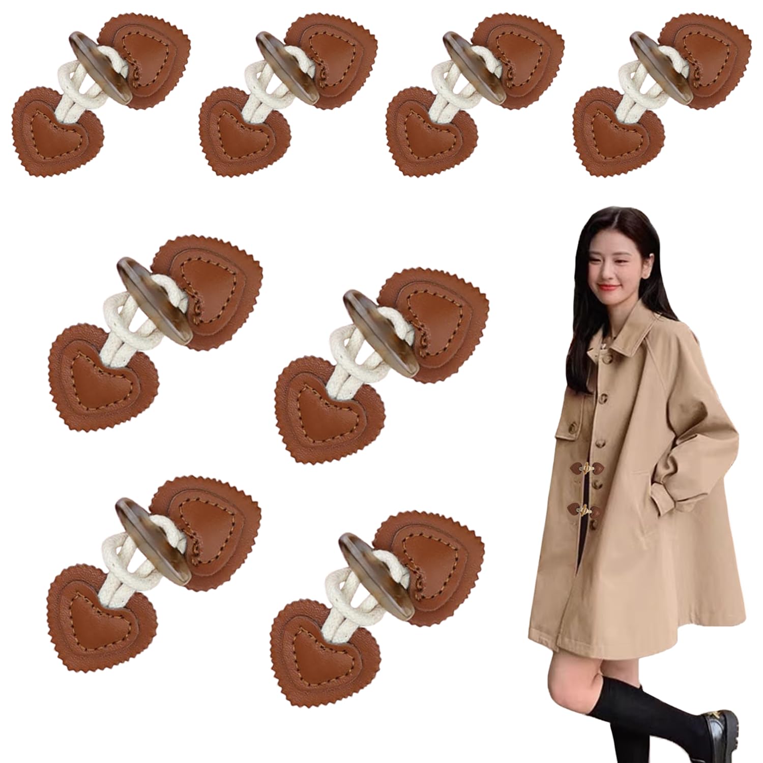 RHQFDM 8 Pairs PU Leather Sew-on Toggles,Duffle Coat Toggle Fastener,Wool Outerwear Sewing DIY Accessories,for Winter Coats,Jackets,Sweaters,Trench Coats (Brown)