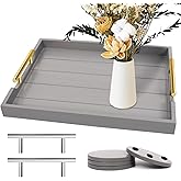 SXNOWS Wooden Serving Tray with 2 Sets of Handles,Large Ottoman Tray for Living Room, Rectangular Wood Tray for Coffee Table, Modern Farmhouse Kitchen Decor, 4 Round Coasters Included,Gray