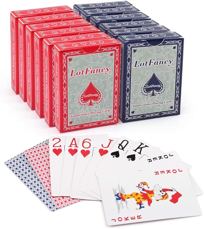 LotFancy Playing Cards, Jumbo Index, 12 Decks of Cards (6 Blue 6 Red