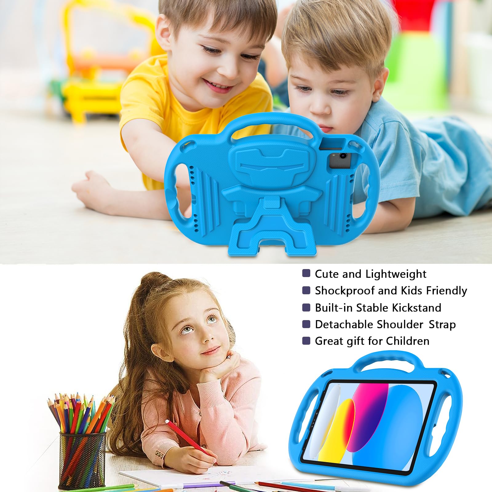 LTROP Kids Case for iPad A16 11th Generation (11-inch,2025)/ 10th Generation (10.9 Inch,2022)/ Air 5th/ 4th Gen 10.9” with Shoulder Strap, Shockproof Lightweight Handle Stand Child Bumper Case, Blue