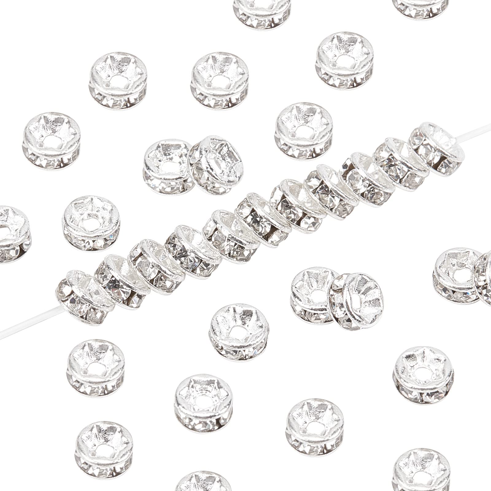NBEADS 200 Pcs 5mm Sparkling Crystal Spacer Beads, Grade A Silver Plated Clear Crystal Rhinestone Round Rondelle Spacer Beads for Jewelry Bracelets Making Decorations