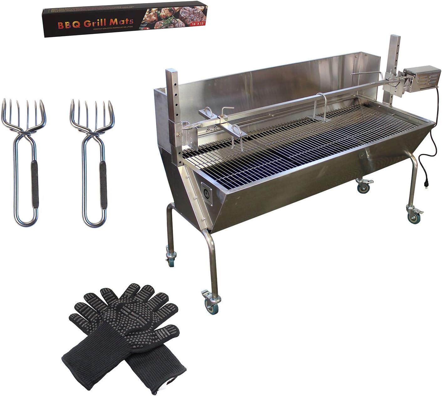 Commercial Bargains BBQ Rotisserie Grill with Back Cover Plus Gloves Grill Mats and Meat Claws