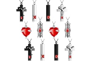 Henoyso 12 Pcs Urn Necklace for Ashes Bulk Cremation Cross Heart Cubic Jewelry Stainless Steel Memorial Locket for Men Women