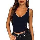 ForeFair Women's Sleevelsee V Neck Crop Tank Top Summer Double Layer Going Out Workout Casual Basic Tops