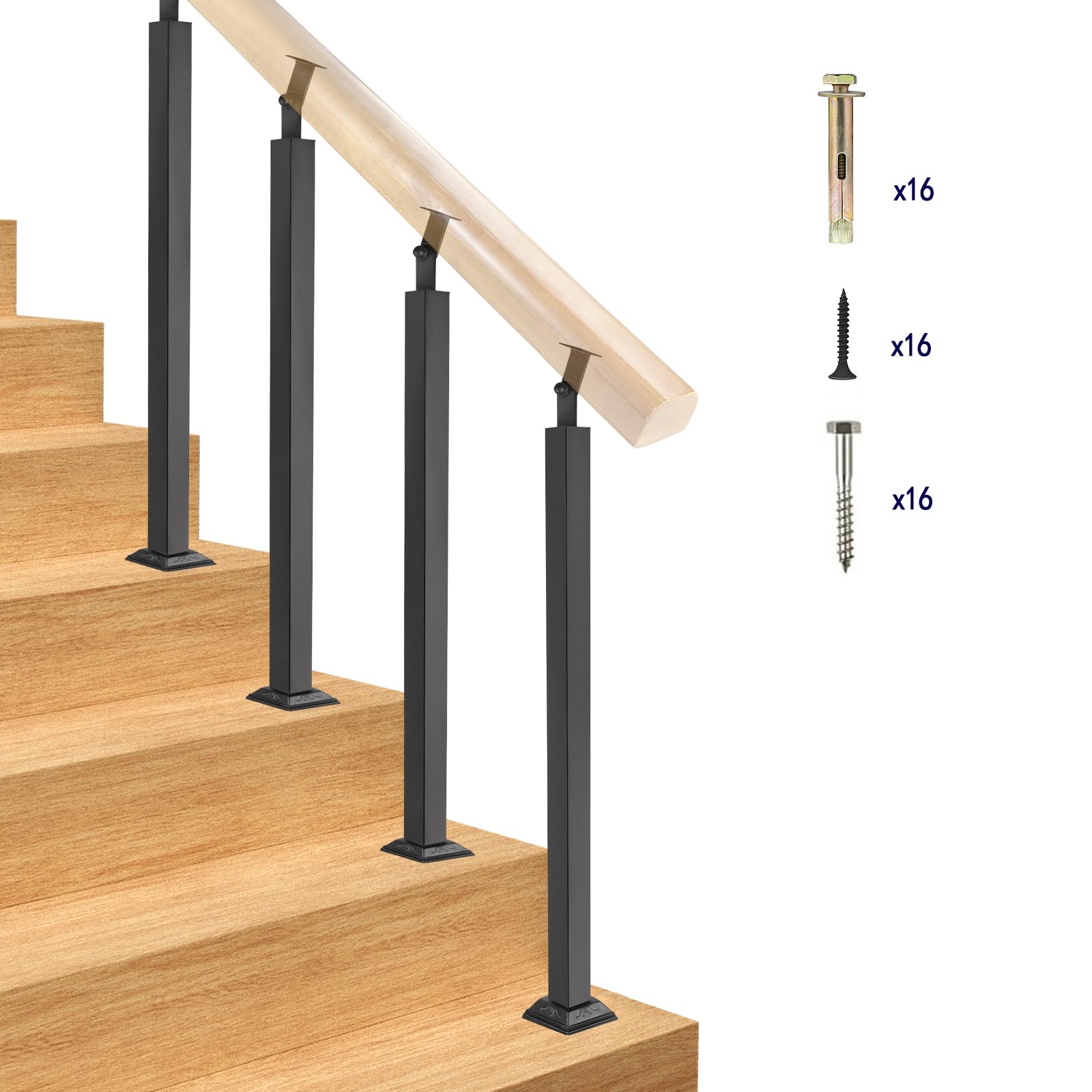 Photo 1 of Yolanda 4pcs Black Railing Post Kit, Metal Stair Post, Indoor Outdoor Metal Deck Railing Spindles, 270° Adjustable for Porch, Concrete, Wooden Steps (35.43IN)