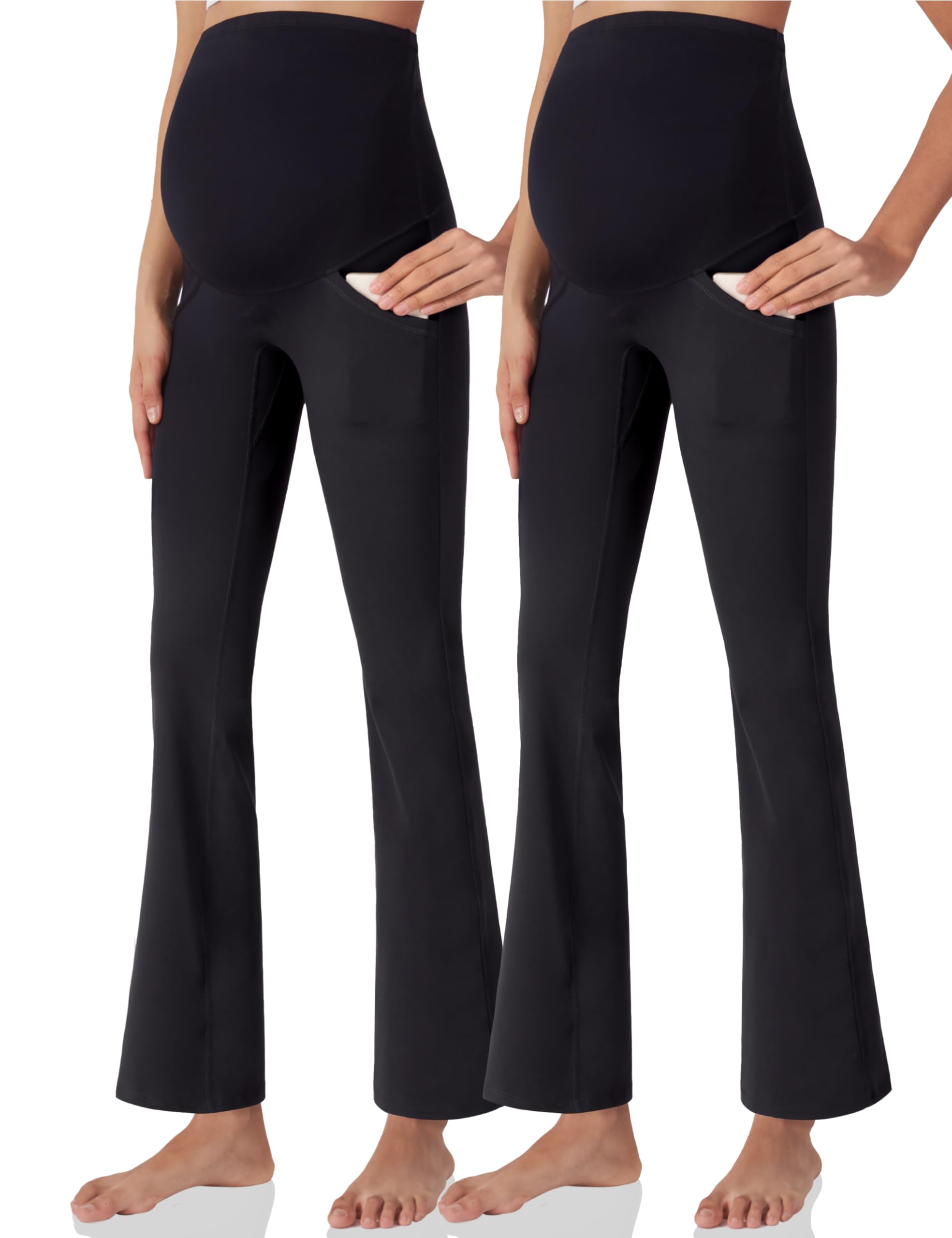 Photo 1 of POSHDIVAH Women's Maternity Yoga Pants Work Lounge Stretchy Bootcut Flare Pants Pregnancy Dress Trousers for Business Casual 2PCS Black Small