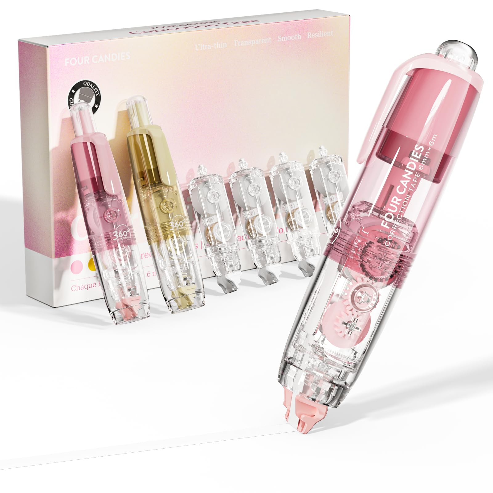 Photo 1 of Four Candies Refillable Retractable White Correction Tape, 2PCS White Cute Smooth Push Pull Out Tape with 4 Extra Refills, Aesthetic Pen Shaped Applicator for School Office Supplies (Pink Apricot)