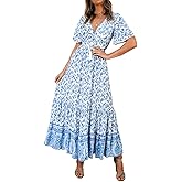 R.Vivimos Womens Summer Cotton Short Sleeve V Neck Floral Print Casual Bohemian Midi Dresses