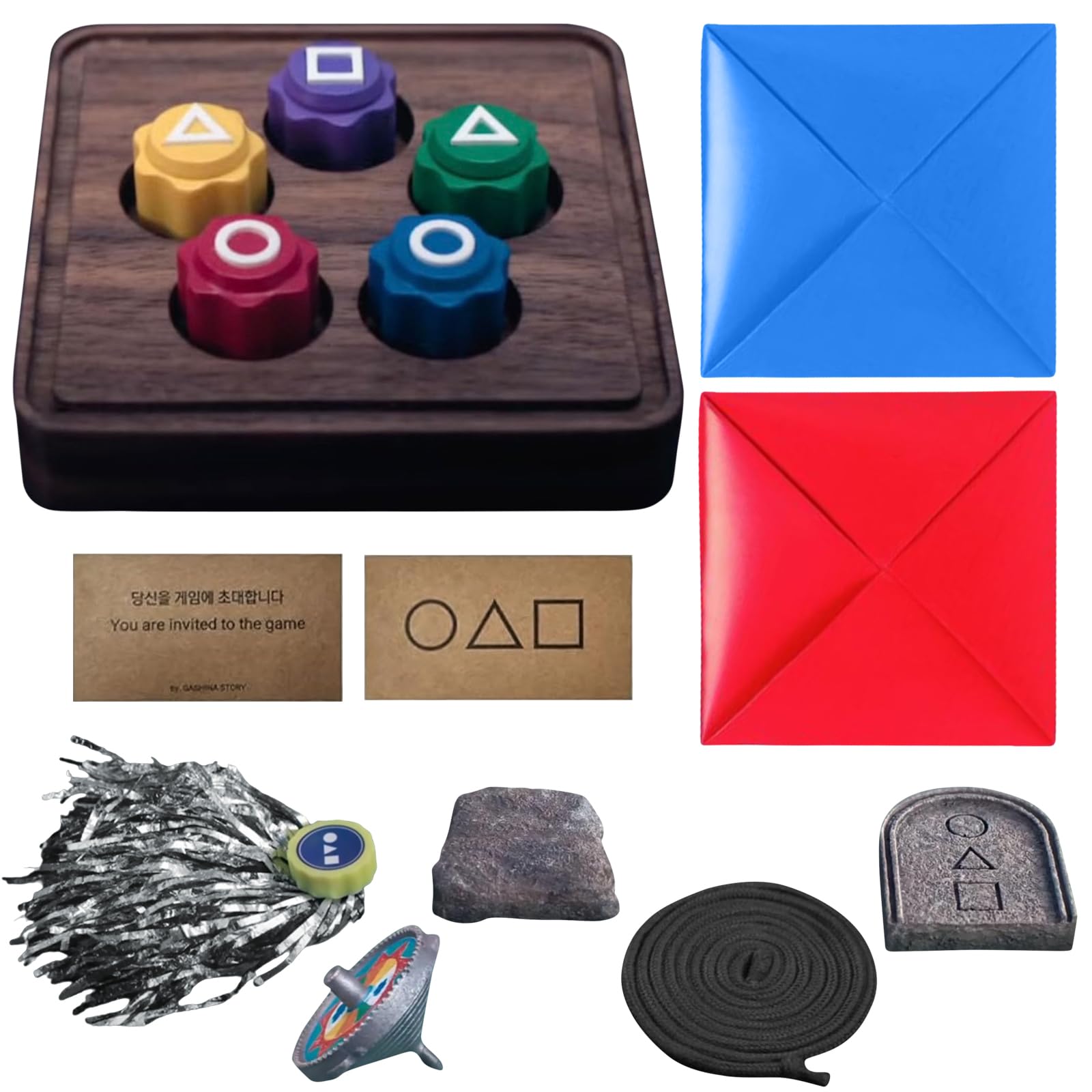 Feibety Gonggi Korean Game Set,Korean Traditional Folk Play Game Including Jebi Chagi,Gong-gi,Biseokchigi,Paeng-y and DDAKJI,Six-Legged Pentathlon for Squid TV Fans and Family Travel Party