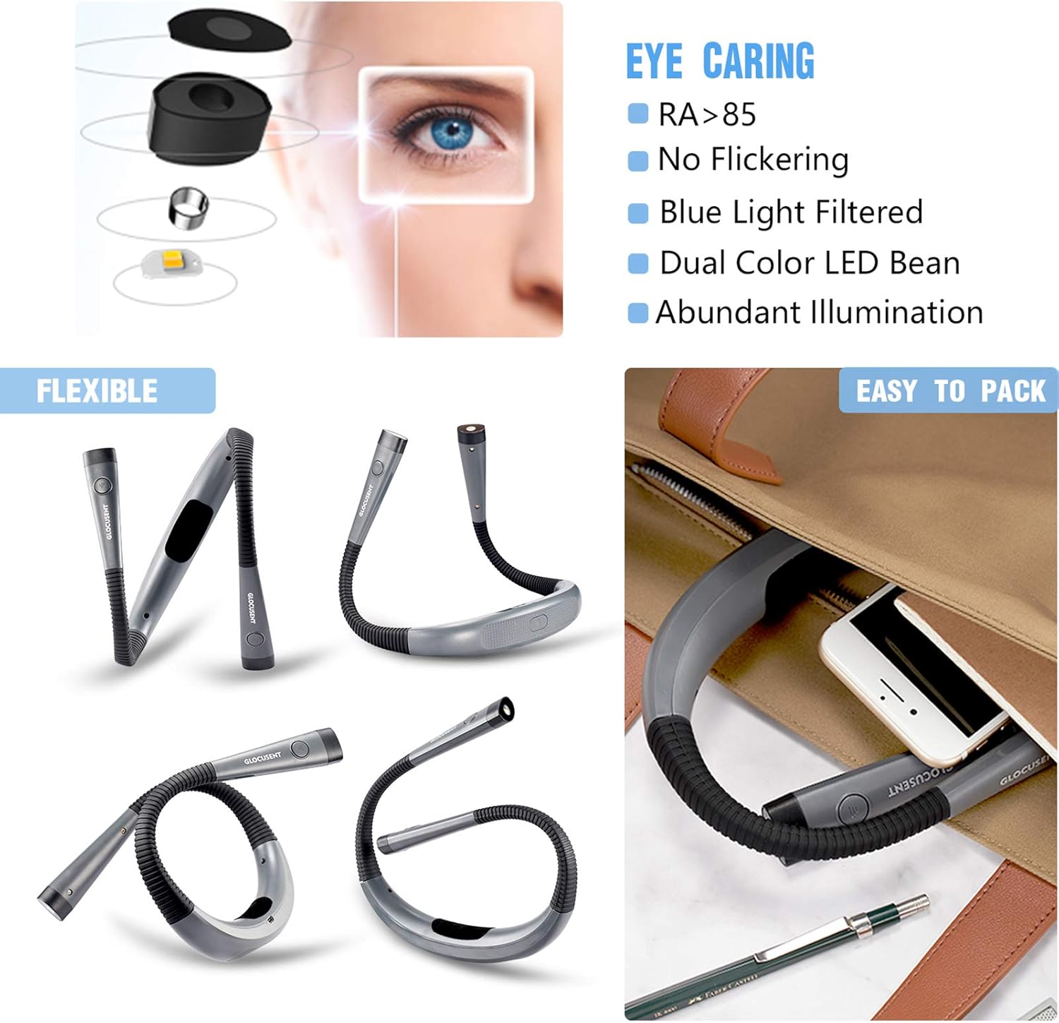 Glocusent LED Neck Reading Light, Book Light for Reading in Bed, 3 Colors, 6 Brightness Levels, Bendable Arms, Rechargeable, Long Lasting, Perfect for Reading, Knitting, Camping, Repairing - - 
