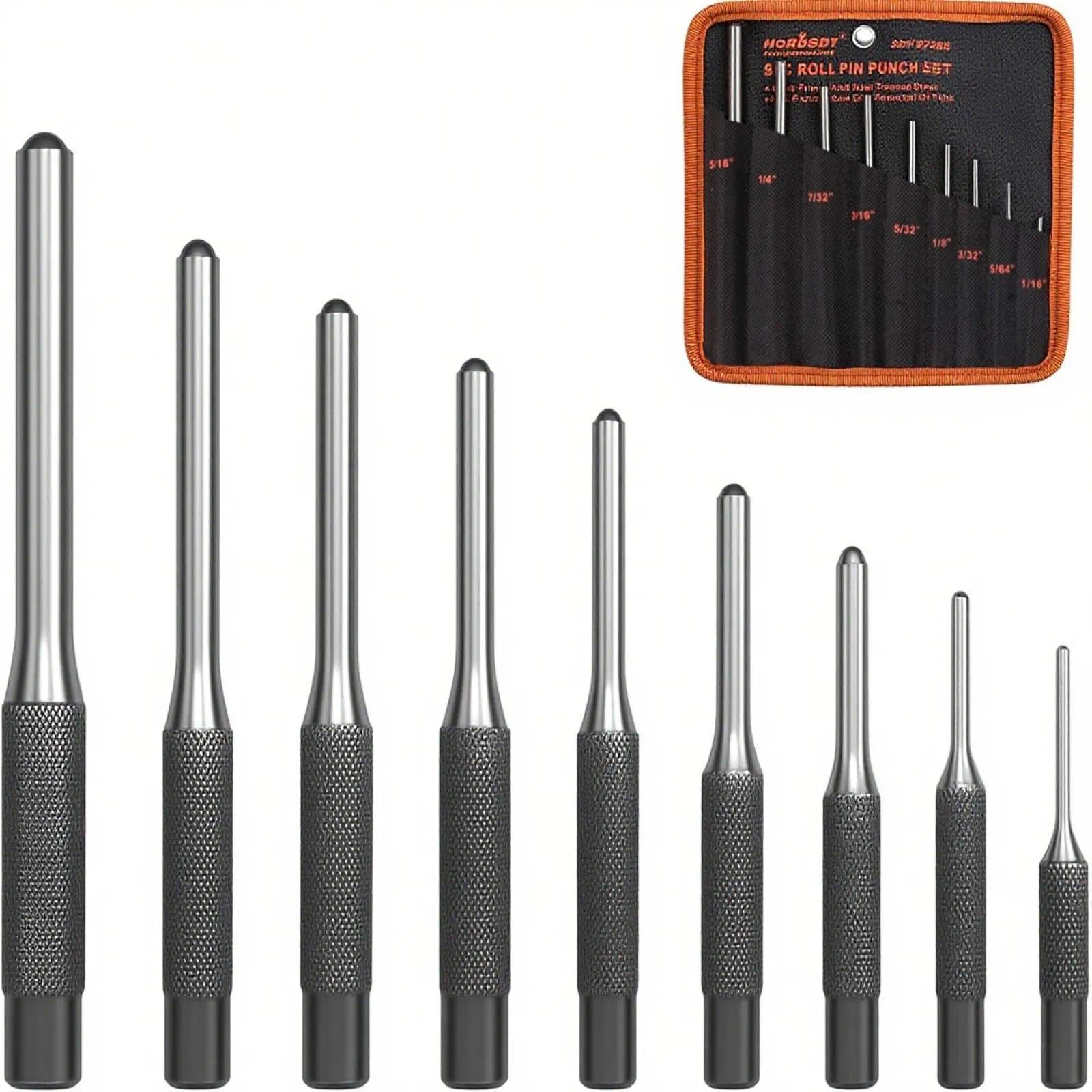 9 Pieces Roll Pin Punch Set, HORUSDY Removing Repair Tool with Holder for Automotive, Watch Repair,Jewelry and Craft