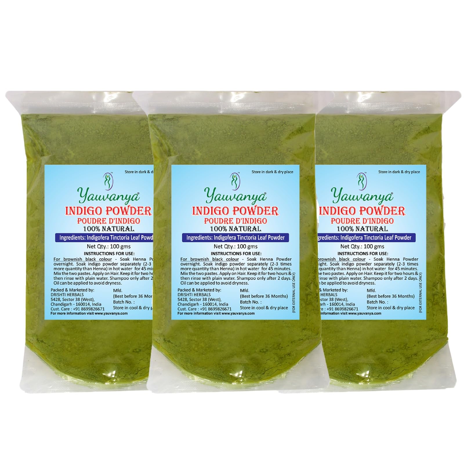 Yauvanya Pure Indigo Powder for hair - 3 X 100 Gms