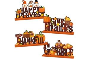 XHCYGWY 4Pcs Thanksgiving Table Decorations Wooden Centerpiece Happy Thanksgiving Party Decorations Gobble Turkey Gnomes Pumpkin Maple Style Table Topper for Give Thanks Autumn Harvest Party Decor Supplies