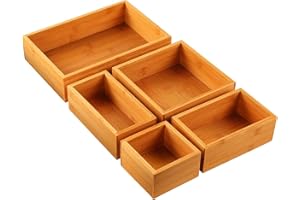 5-Piece Bamboo Drawer Organizer Set, Multi-use Storage Box Set, Varied Sizes Junk Drawer Organizer for Office, Home, Kitchen, Bedroom, Bathroom by Pipishell
