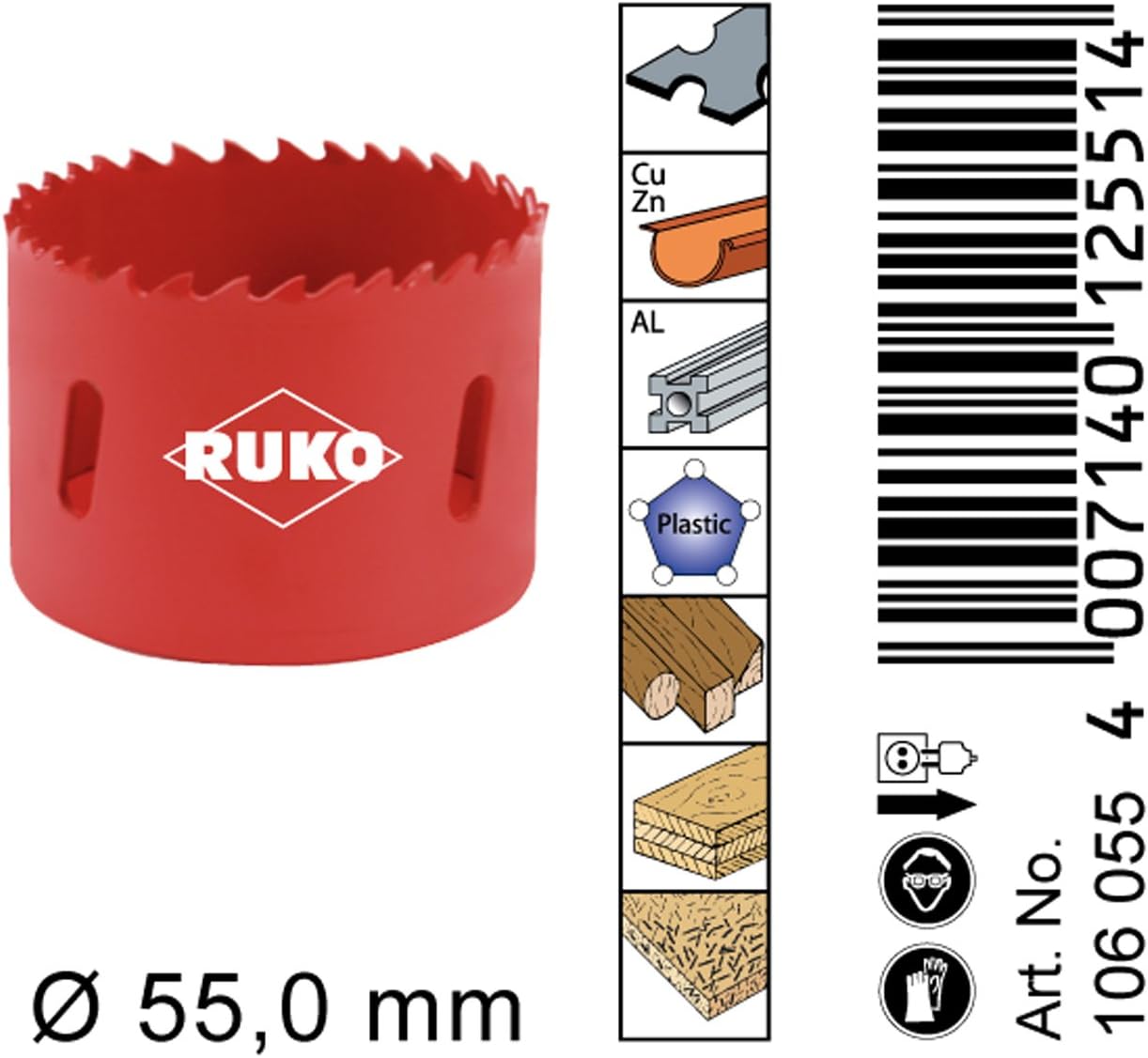 Ruko HSS Bi-Metal Hole Saw with Varied Toothing, Red Finish, 55.0 mm Diameter, R106055 - Image 4