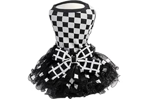 QWINEE Checkerboard Print Bow Decor Pet Dress Cat Dog Mesh Princess Dress Cute Puppy Dresses Pet Party Birthday Costume for Small Medium Large Girl Cats Dogs Kitten Black and White Medium
