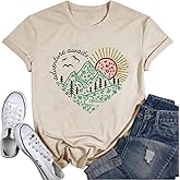 T&Twenties Women Adventure Awaits Mountain T Shirt Summer Camper Hiking Printed Hike Mountain Tree Graphic Travel Tee Shirt