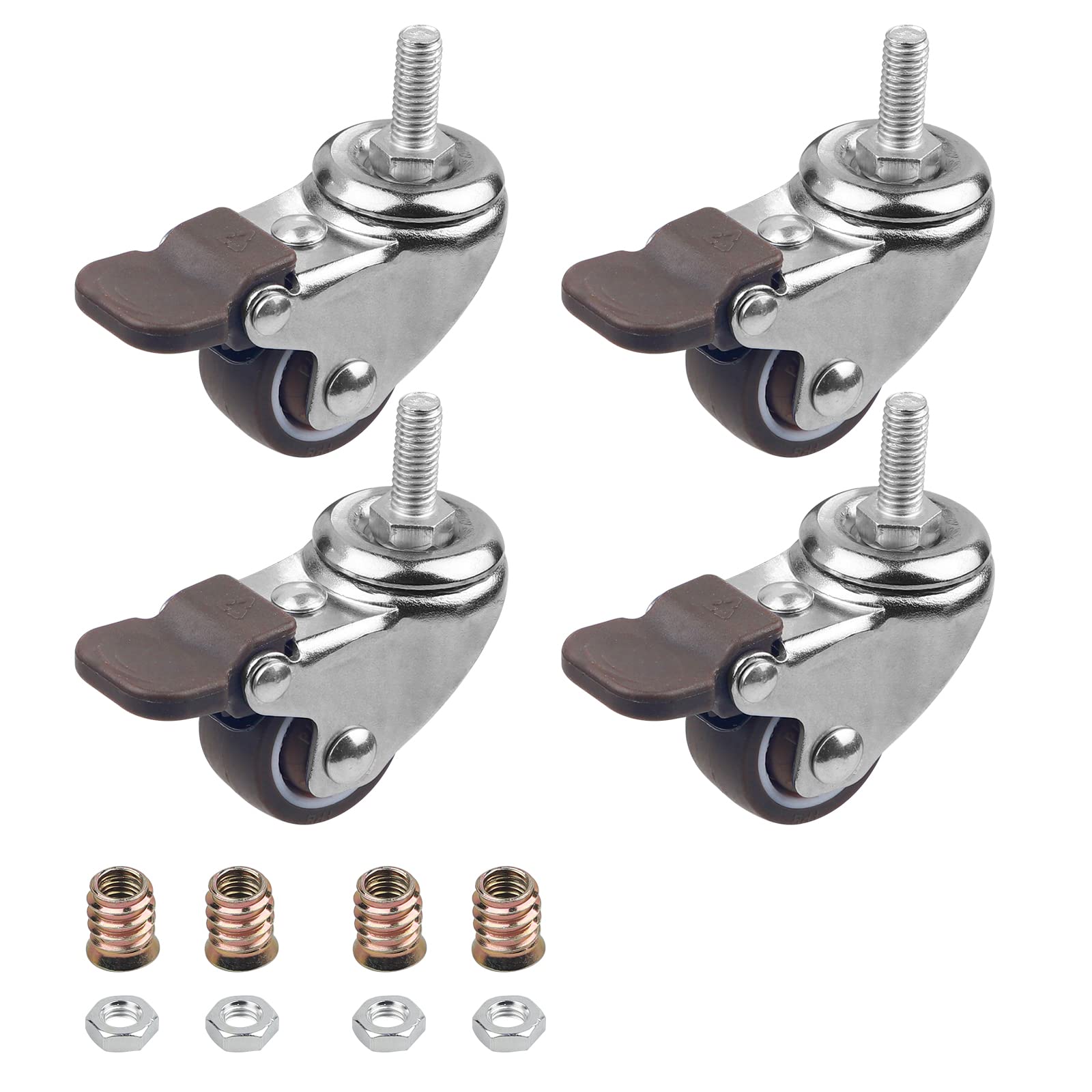 DBREAKS 25 mm Swivel Castor, 4 Pieces Transport Castors, M6 x 15 mm Swivel Castor with Thread, Furniture Castor with Brake made of TPE, Capacity 44 kg Total Rubber Castor for Small Appliances