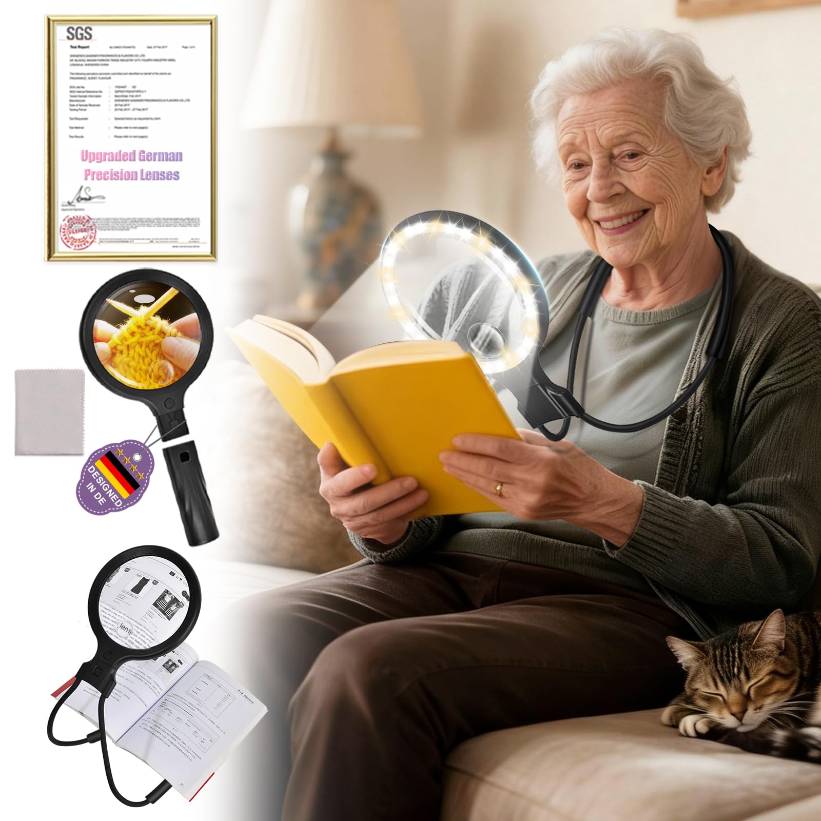 Photo 1 of 5.0 Upgraded Magnifying Glass Hand Free?12X German Ultra-HD Lens??Cloud Sponge Neck Protection? 3 Smart Mode Light, All-Purpose Magnifying for Reading, Cross Stitch, Craft Seniors Use (Black)