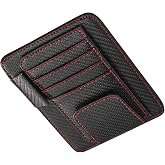 YAWUROU Car Sun Visor Organizer, Premium Leather Sun Visor Sunglass Holder with Card Holders &amp; Pen Clip Slot, Universal Car Interior Organizer for Driving License, Card, Pen (Black &amp; Red)