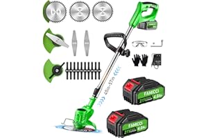 FAMICCI Electric Weed Wacker Cordless Eater Battery Powered with 2pcs 4.0Ah Rechargable Batteries and Charger,3 in 1 Stringless Grass Trimmer/Edger/Brush Cutter with 3 Types Blade for Lawn Yard Garden (Green)