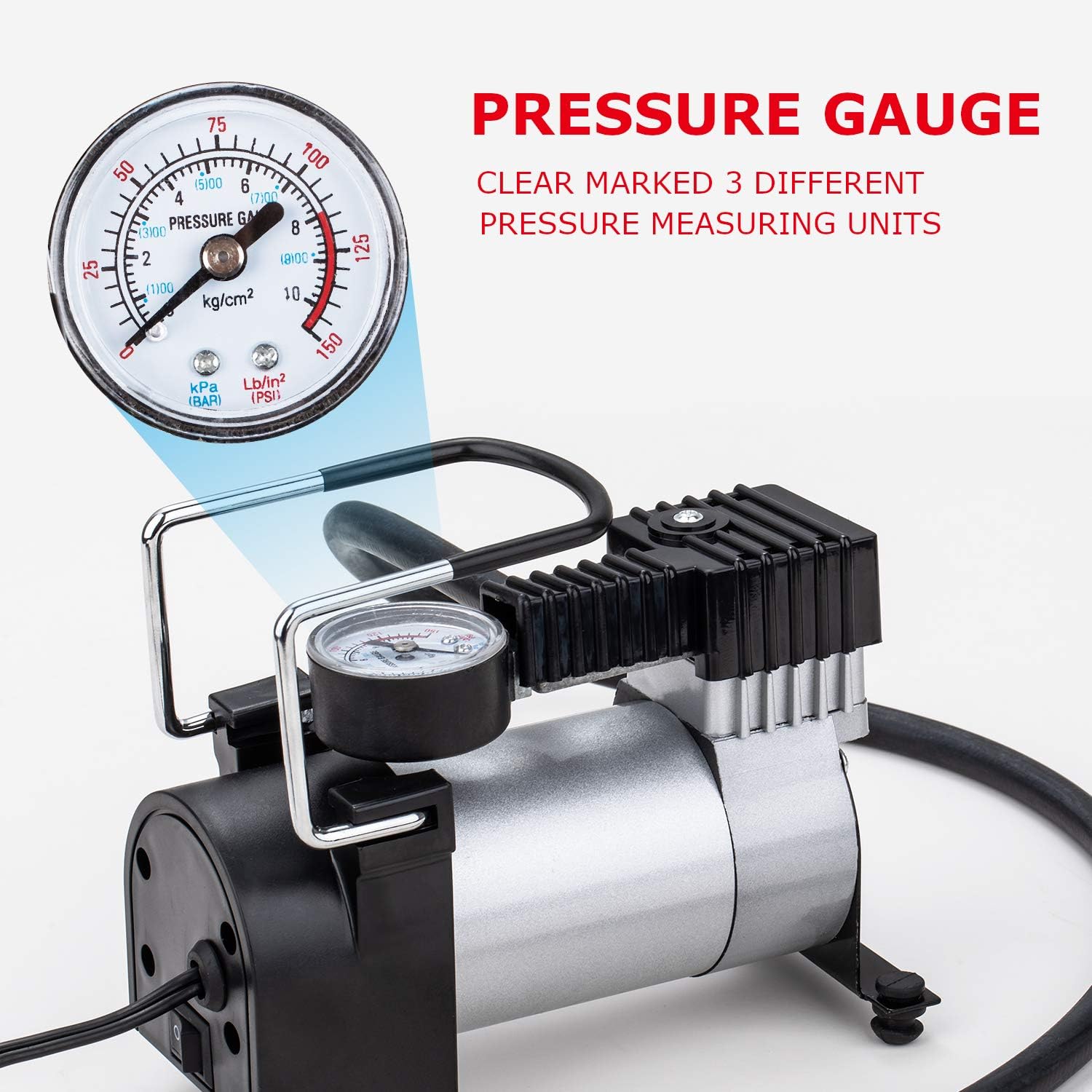 KATSU Car Tyre Inflator 12V DC 14A 140PSI High Volume Air Compressor Tyre Pump for Cars SUVs, 4x4's + 3 Extra Nozzle Adapters - Image 5