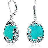 Boho Western Birthstones Semi Precious Gemstone Large Flat Teardrop Filigree Scroll Lever Back Dangle Earrings For Women Oxidized .925 Sterling Silver