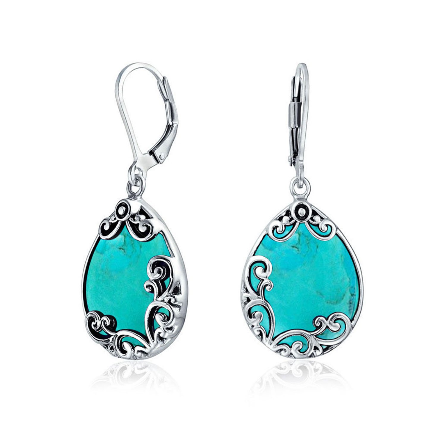 Western Style Teardrop Scroll Filigree Scroll Stabilized Turquoise Lever Back Dangle Earrings For Women .925 Sterling Silver โ image 1