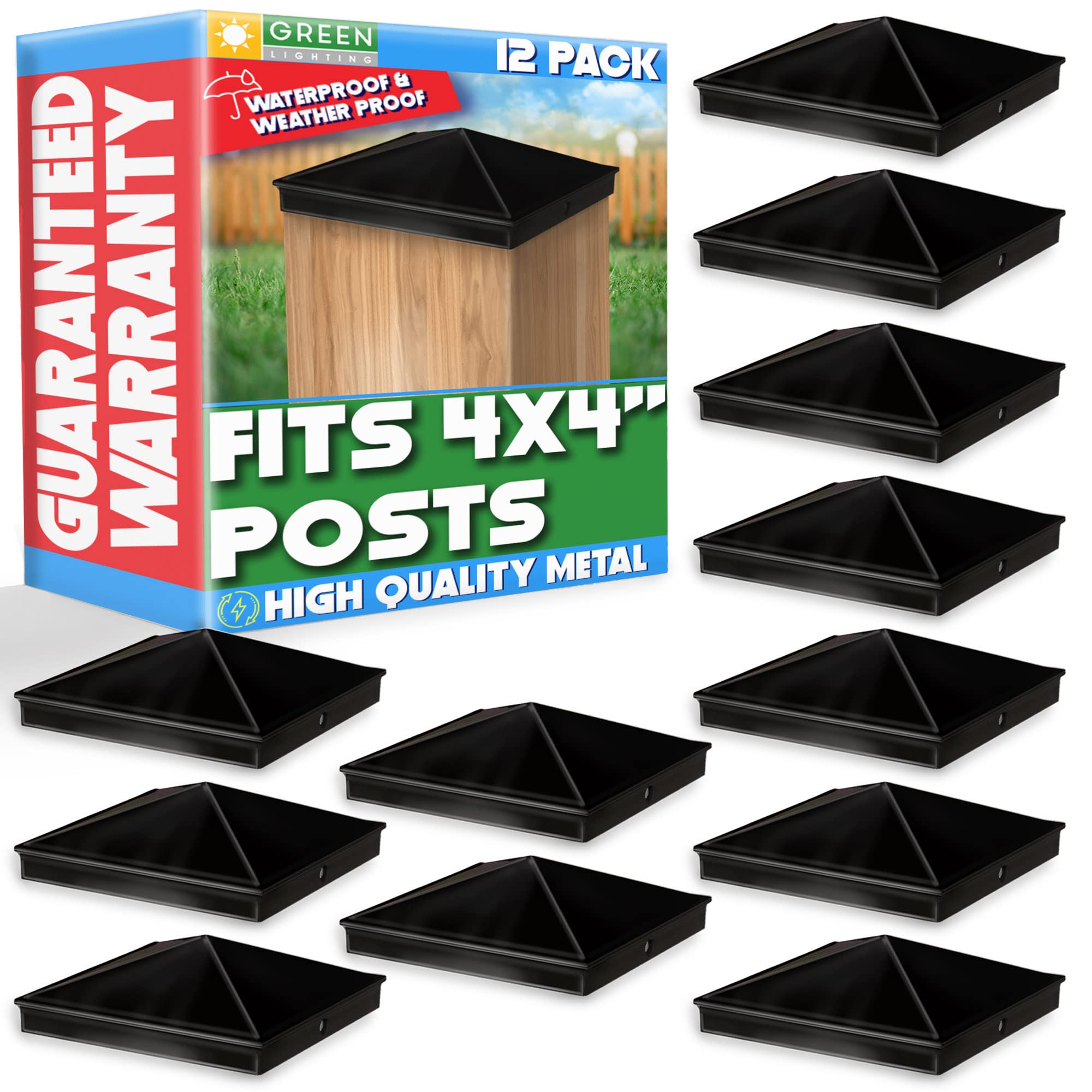Photo 1 of GreenLighting 4x4 Aluminum Pyramid Post Cap Cover (Black 12 Pack) Fits 4x4 Nominal Wood (True 3.5 x 3.5) Powder Coated Matte Outdoor Post Caps Cover, Fence Wood Post, Decking, Waterproof