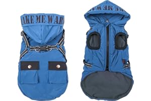 Gyuzh Warm Dog Coats with Harness Waterproof Windproof Dog Snow Jacket Clothes with Zipper Winter Dog Hoodie with Pockets Cozy Dog Clothes for Small Medium Dogs(Blue M)