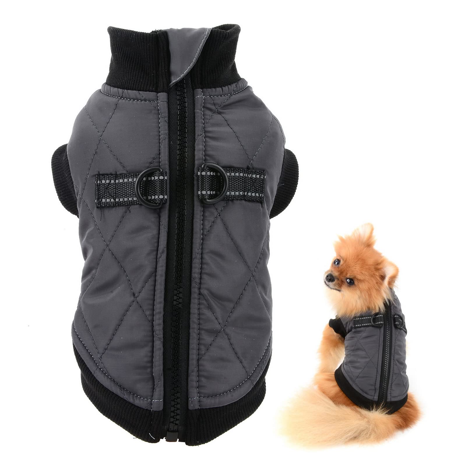 SMALLLEE_LUCKY_STORE Pet Water Resistance Zip-up Jacket Vest Coat with D-rings for Small Dogs Cats, Fleece Lined Puppy Chihuahua Yorkie Warm Winter Clothes, Grey, XL