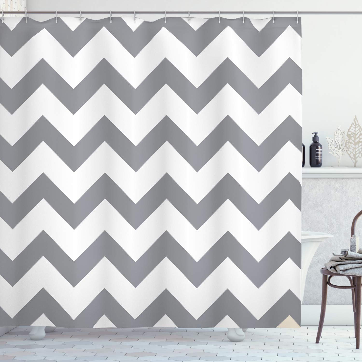 ABAKUHAUS Grey Shower Curtain, Grey and White Chevron Pattern Classic Geometrical Horizontal Zig Zag Stripes Retro, Cloth Fabric Bathroom Decor Set with Hooks, 175 x 200 cm, Gray White