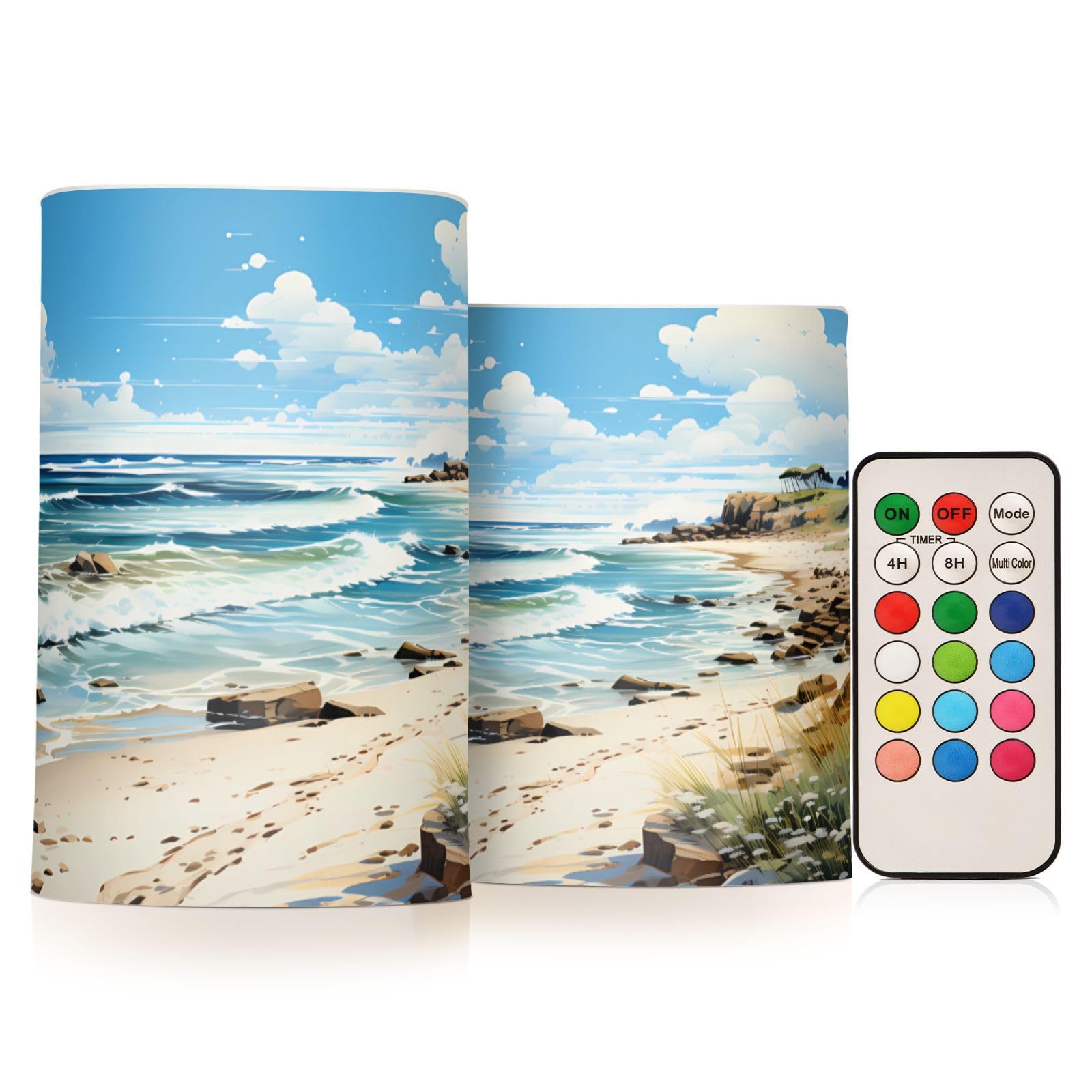 Photo 1 of ALAZA Watercolor Beach Sea Flameless Candles, LED Pillar Candles with Remote Timer, Battery Operated Candles Set of 2