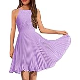 HOSIKA Girls Halter Neck Summer Sleeveless Elegant Floral Lace Chiffon A-Line Flared Swing Party Dress for 6-12 Y