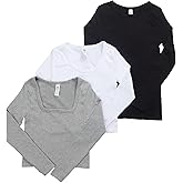 90 Degree By Reflex Womens 3 Pack Ribbed Seamless Crew Neck, Scoop Neck and Sqaure Neck Long Sleeve Top