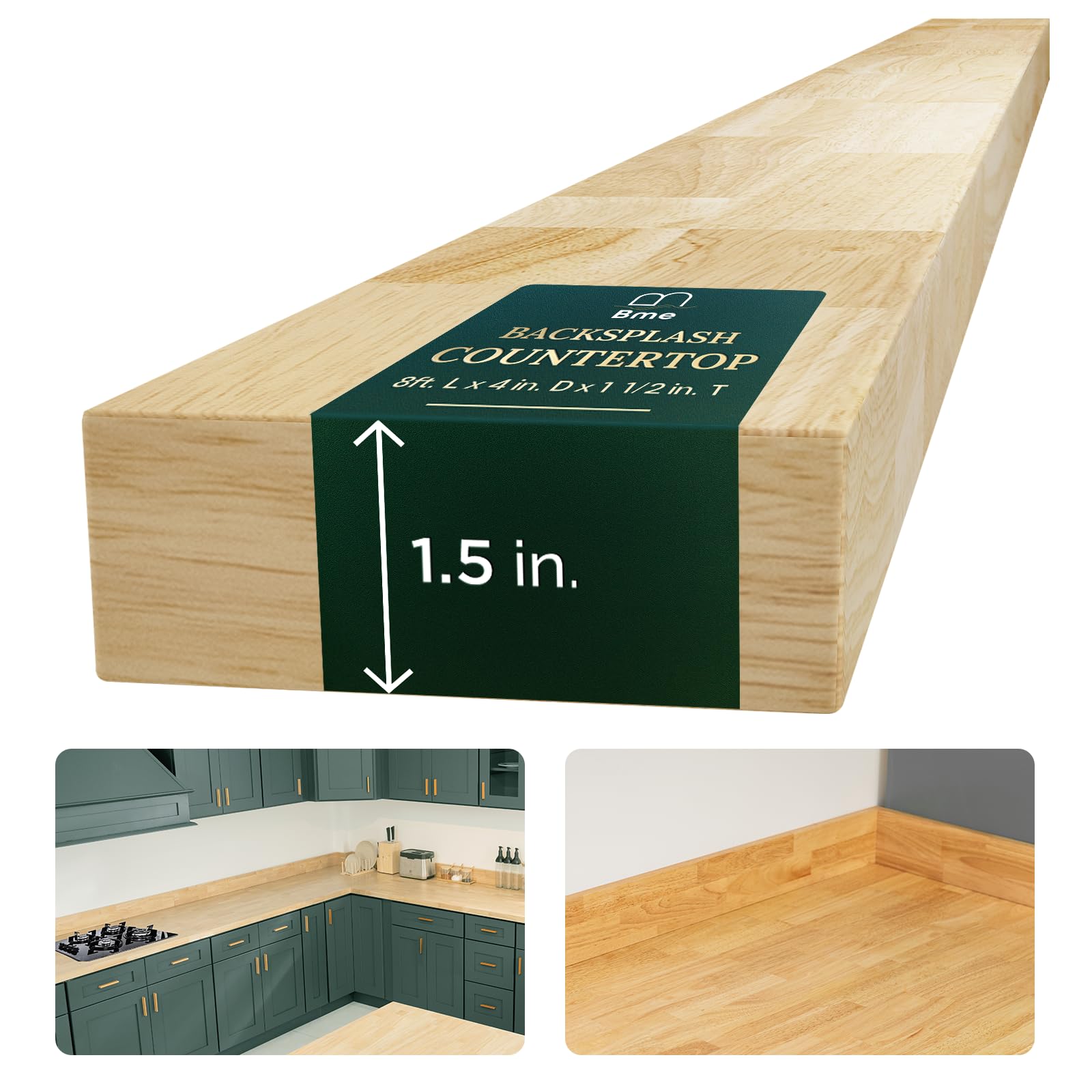 Photo 1 of ***FACTORY SEALED***
Bme Hevea Solid Wood Butcher Block Backsplash Countertop, 8ft L x 4" W, 1.5in Thick, Unfinished Backsplash Wood slabs for DIY, Kitchen Countertop
