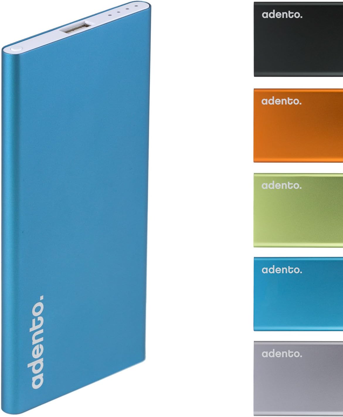 Adento Ultra Thin Power Bank, ultra portable Back Up Battery Pack for Peak Performance in Aluminum Unibody, external battery for iPhone, iPad, iPod, Galaxy Tab, Nexus and many more, rapidly recharges all USB devices like a wall charger, mobile battery pack for travelling, color: Blue