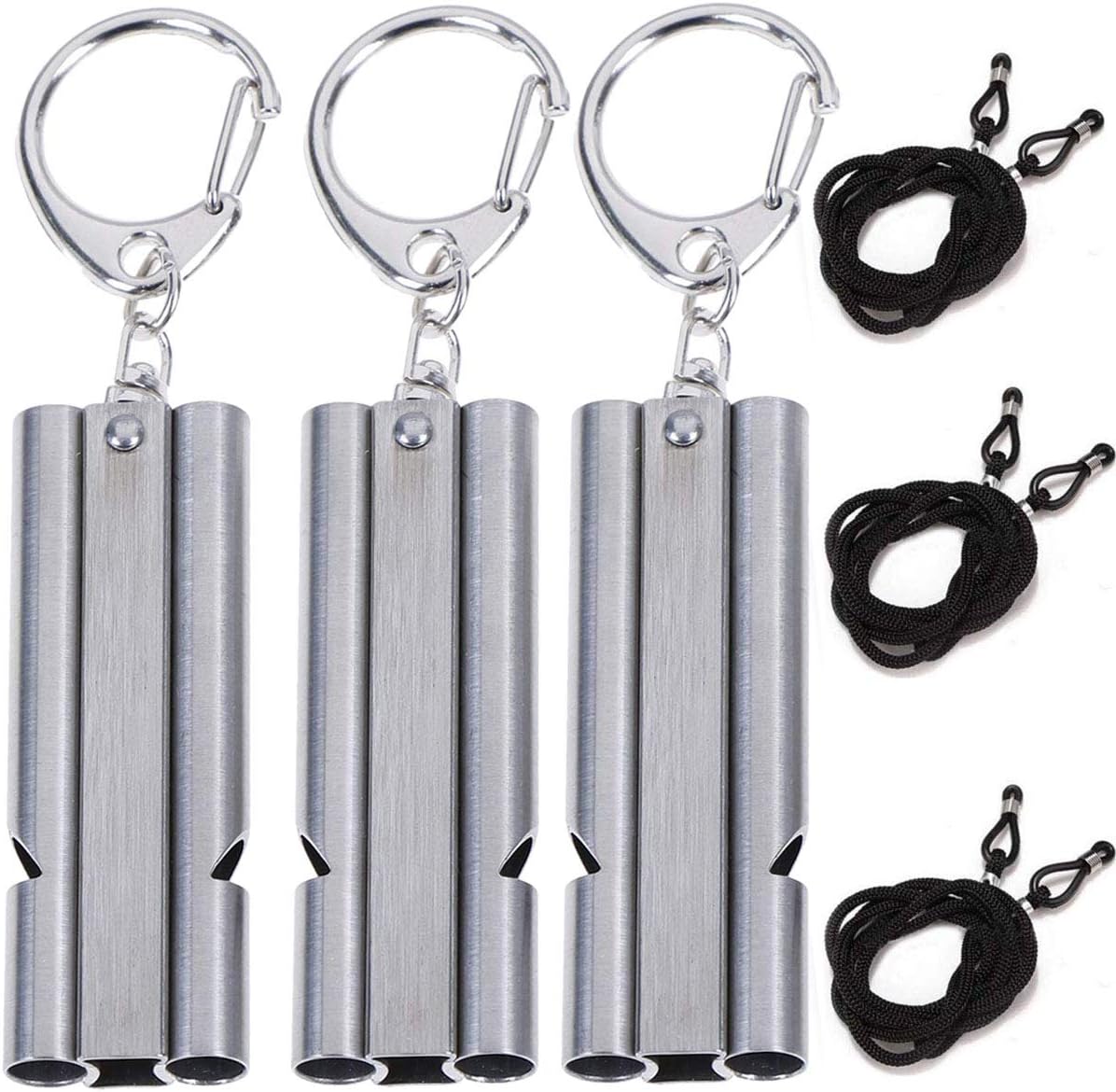 MeiMeiDa 3 Pack Emergency Whistles with Lanyard - 304 Stainless Steel Whistles,High Pitch Double Tubes Survival Lifeguard Whistle for Camping Hiking Boating Hunting Outdoor Activities