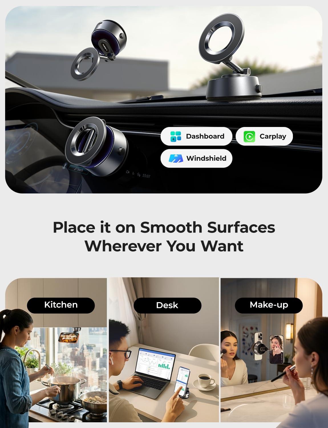 LISEN SuctionPro Vacuum Magnetic Phone Holder for Car Electric [High-Tech] [Self-Tightening] Suction Cup Phone Mount for Magsafe Car Mount for iPhone 17 Pro Max Air 16 15 14 13 fit Content Creator