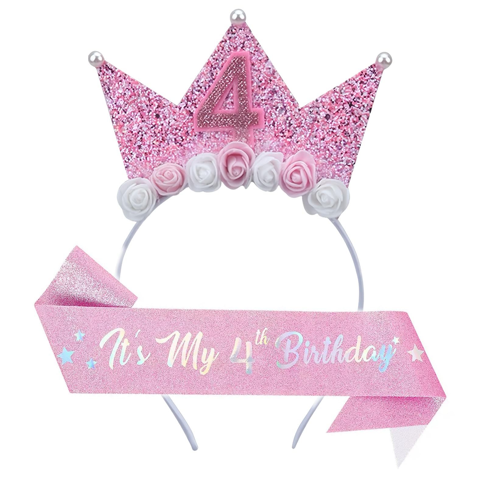 Leixi 4th Birthday Decoration for Girl,Pink Headband & Sash Set for Girl,Birthday Flower Princess Crown Headband for Outfit (Pink 4) — image 1