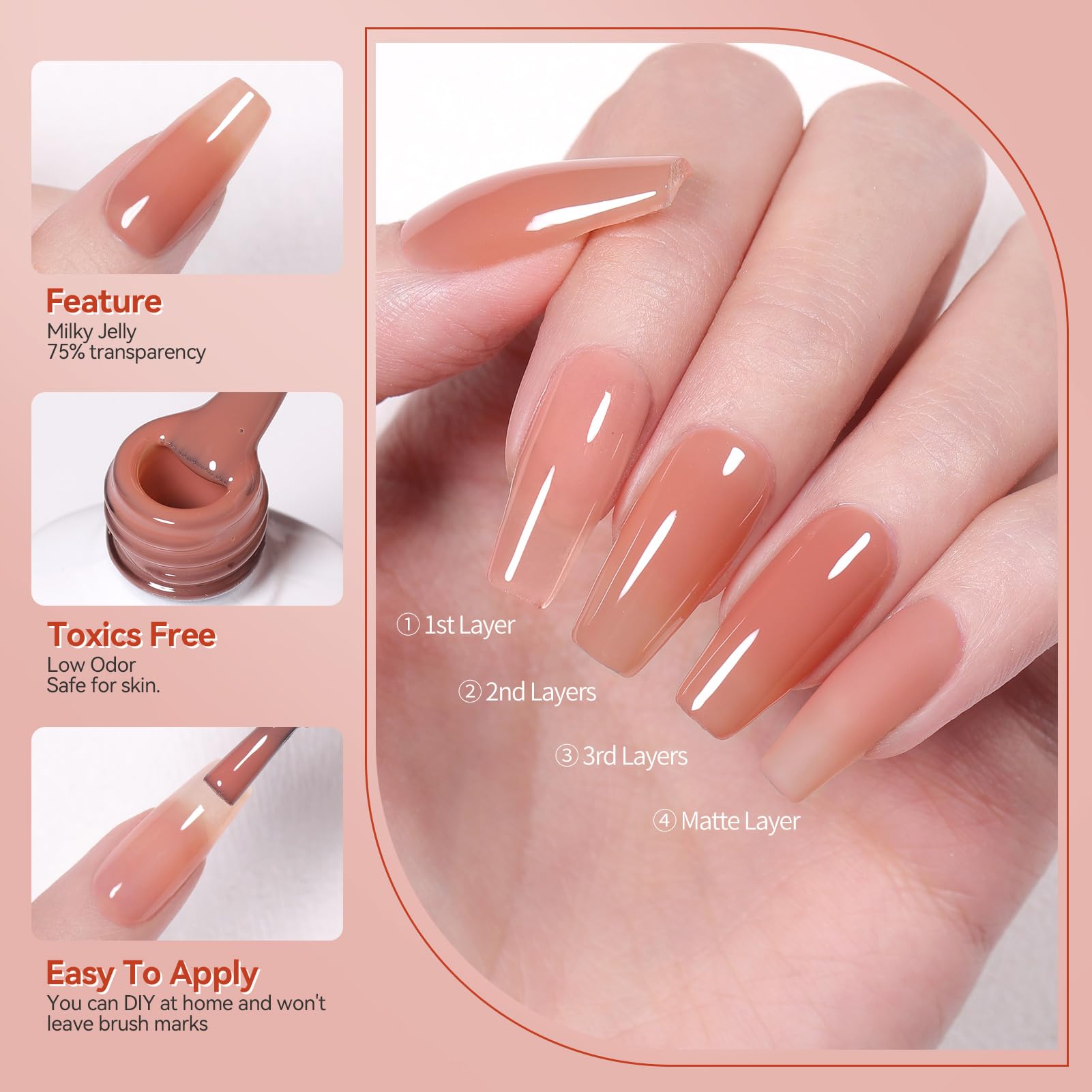 Born Pretty Jelly Burgundy Gel Nail Polish Fall Winter Jelly Wine Gel Polish Translucent Gel Polish Brown Purple Red Nude Colors Sheer Gel Polish Set Nail Art Varnish Manicure 6PCS - Image 7