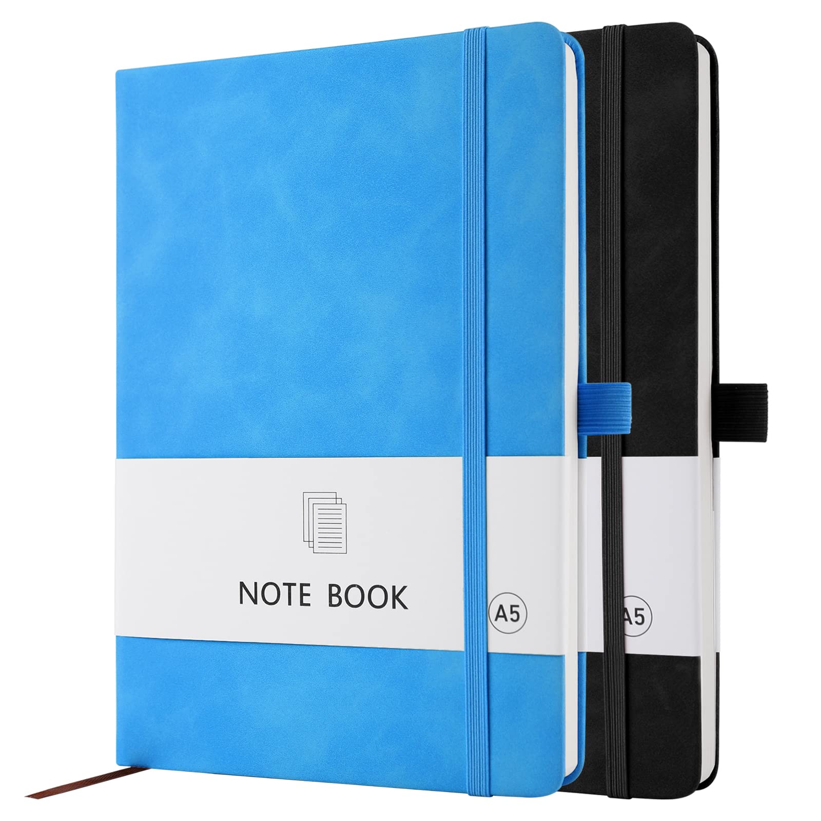 A5 Notebook, 2 Pack Notebook A5 200 Pages 100 GSM Journal Notebook Hardback Notepad with Bookmark, Pen Loop, and Elastic Closure (Black+Bright Blue)
