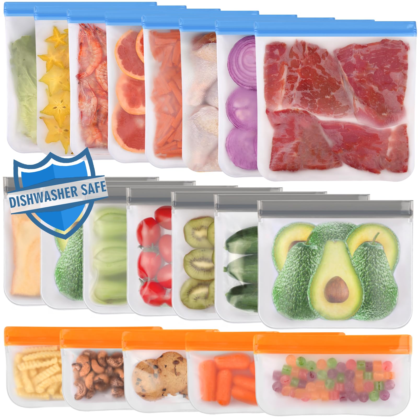 Photo 1 of Lerine 20 Pack Reusable Bags Silicone Dishwasher Safe, Extra Thick Leakproof Reusable Freezer Bags, BPA Free Reusable Food Storage Bags for Lunch Meat Veggies - 8 Gallon 7 Sandwich 5 Snack