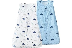 david's kids Muslin Cotton Baby Sleep Sack 0-6 Months, 2 Pack 100% Cotton Sleeping Bag for Summer, TOG 0.5 Baby Wearable Blankets with 2-Way Zipper, Soft Sleep Sacks for Newborn Infant, Dinosaur