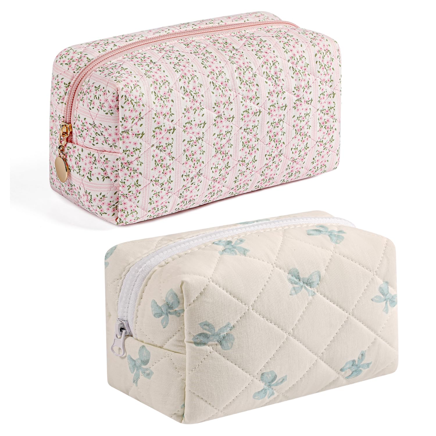 Photo 1 of Gleyemor 2 Pieces Quilted Makeup Bag, Cute Floral Cosmetic Bag for Women, Cotton Make Up Bag Set, Flower Travel Toiletry Bag (Pink Floral+ Blue Bowknot)