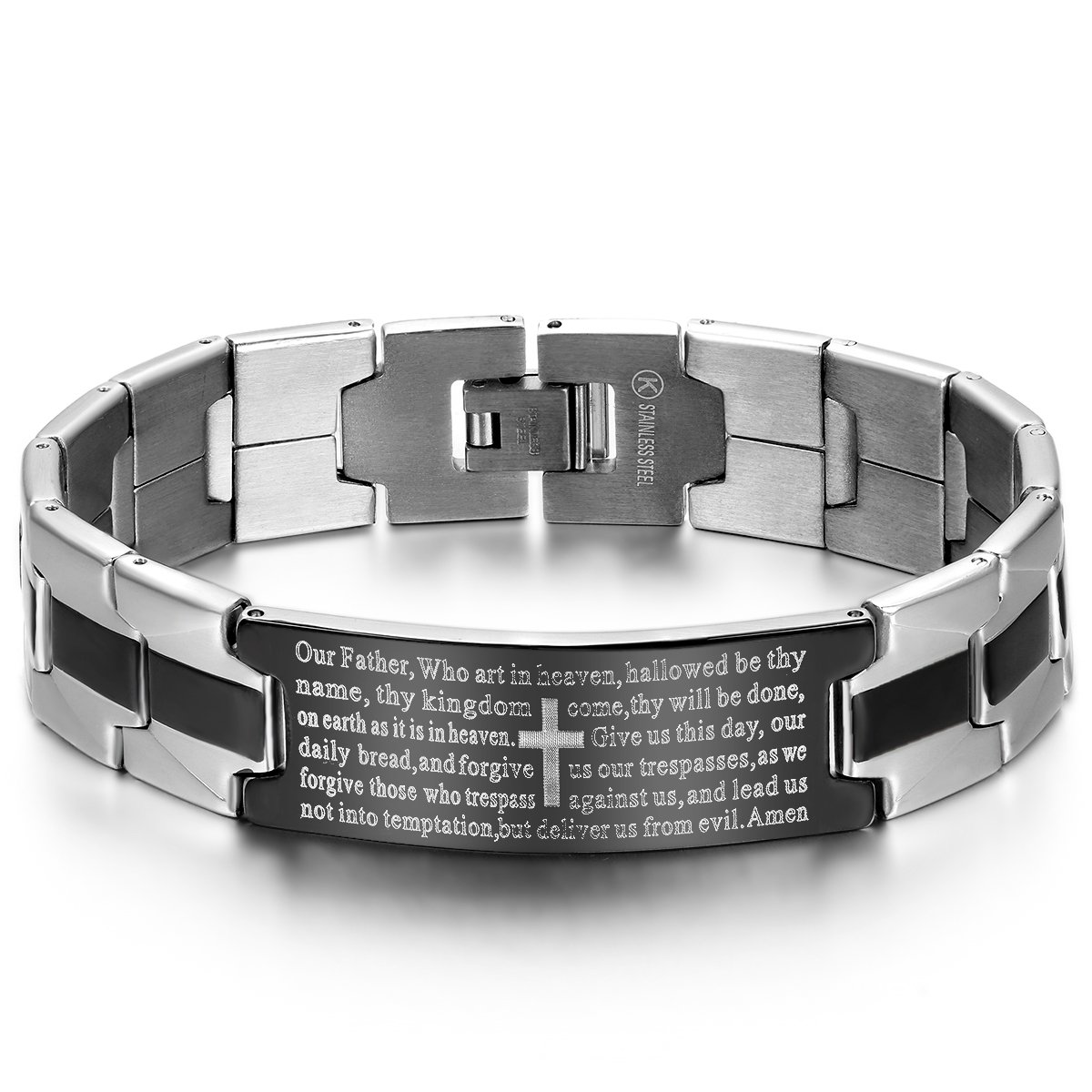 JewelryWe Stainless Steel Black Silver-Tone Religious Cross English Lords Prayer Mens Bracelet, 8.1 Inch (with Gift Bag) — image 1